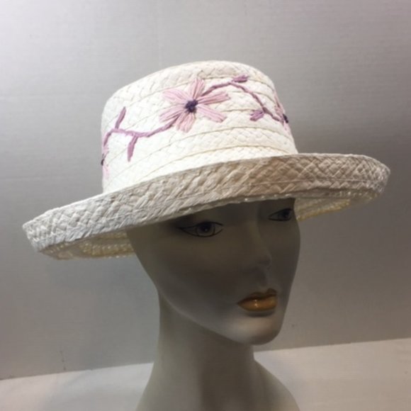White Woven Sun Hat w/Purple Embroidered Flowers - Picture 3 of 14